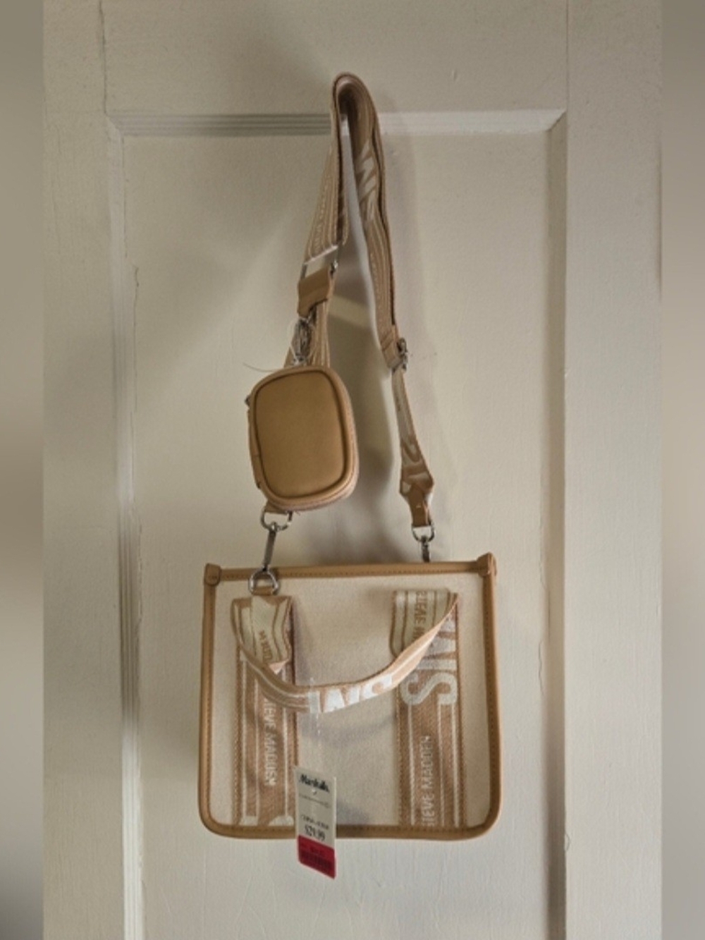 Steve Madden Beige Canvas Crossbody Tote with Adjustable Strap